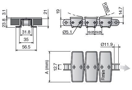 Пластинчатая нержавеющая цепь серии 1874 TAB чертеж