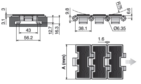 Пластинчатая нержавеющая цепь серии 815 TAB GT чертеж Пластинчатая нержавеющая цепь серии 815 TAB GT чертеж