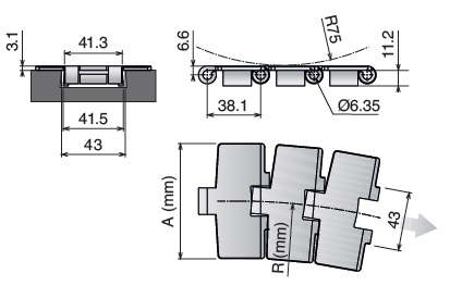 Пластинчатая нержавеющая цепь серии 881 B чертеж