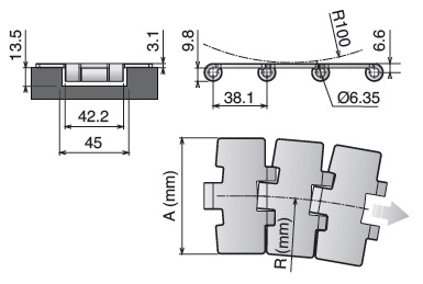 Пластинчатая нержавеющая цепь серии 881 M чертеж